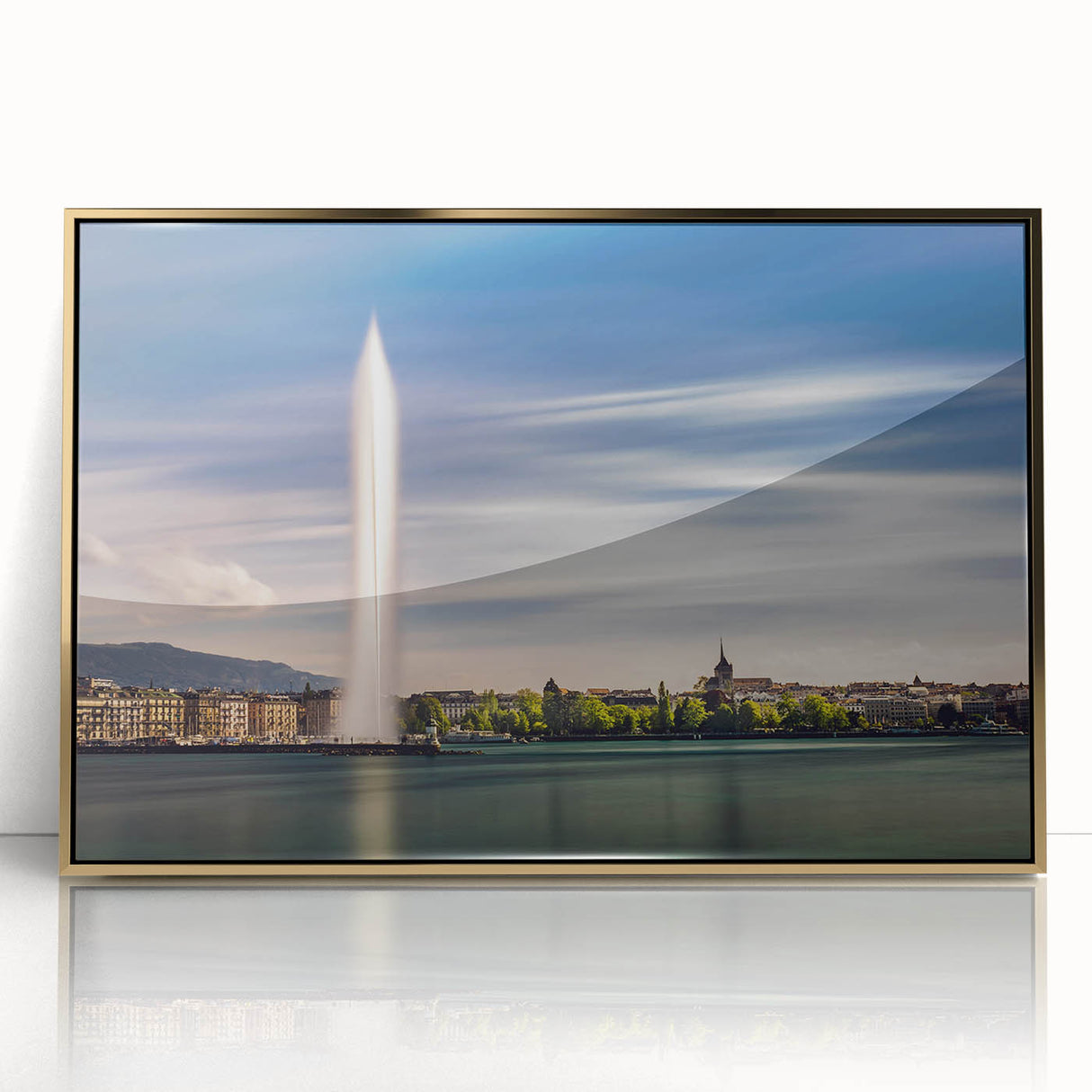 Framed acrylic print of Geneva scenery with muted gold and blue tones, ideal for modern art wall decor.