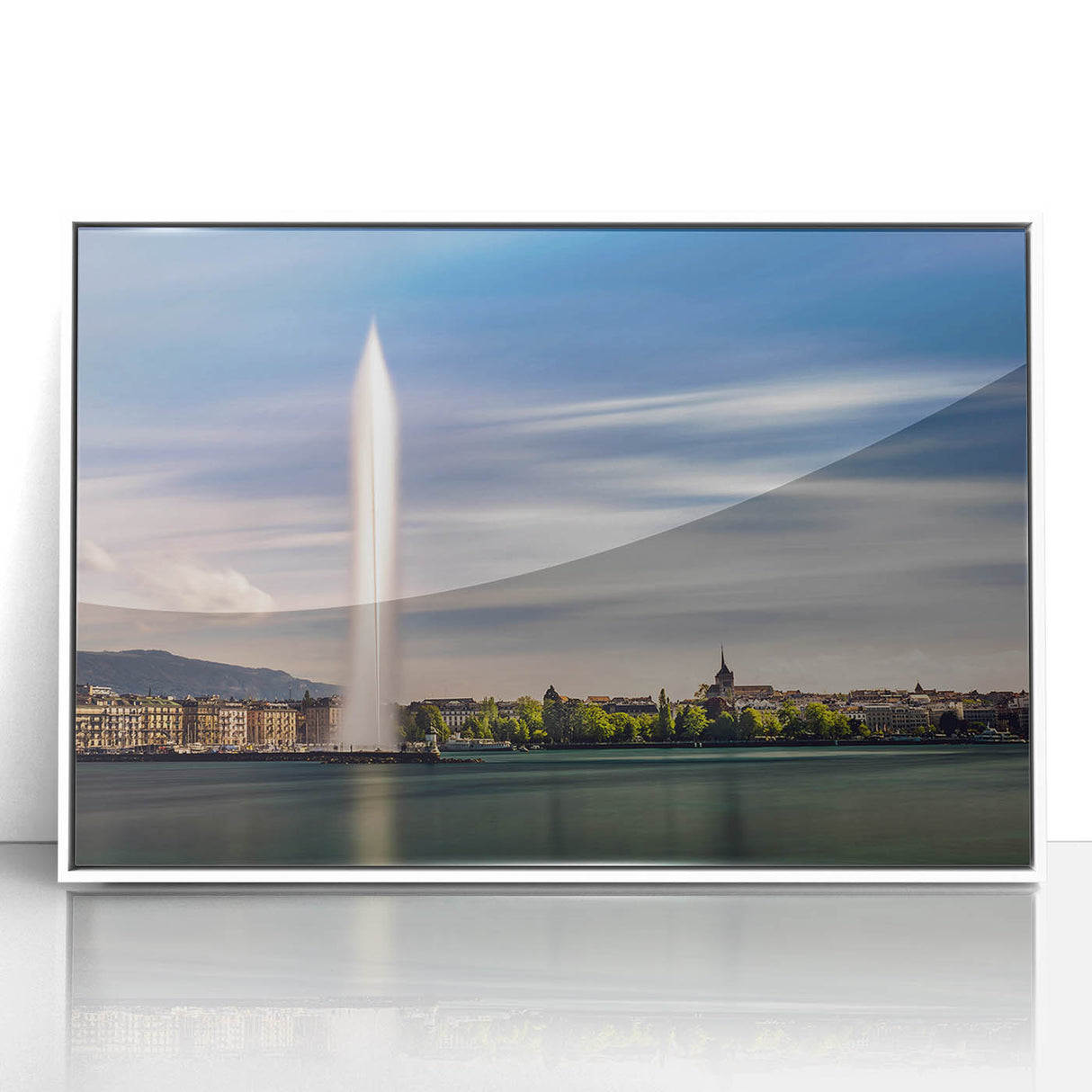 Acrylic print of Geneva scenery in art deco style with a white frame, suitable for modern nursery decor.