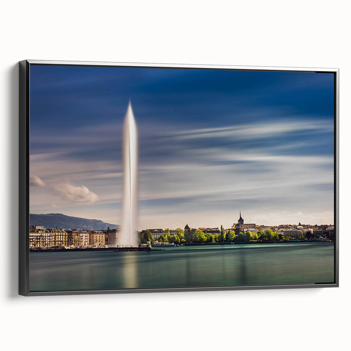 Black and white landscape art painting of Geneva on framed canvas, ideal for bedroom wall decor.