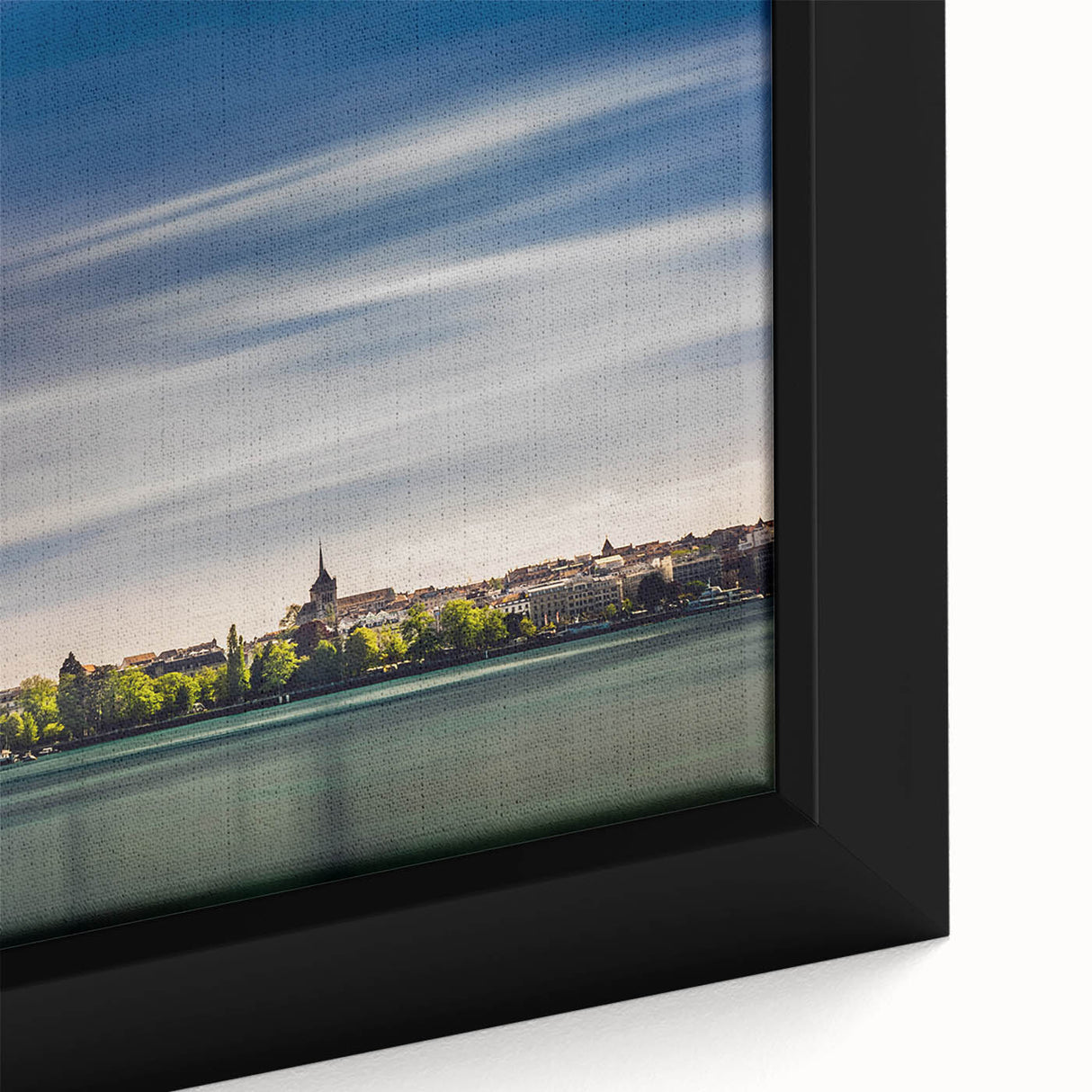 Extra large framed canvas featuring a textured depiction of Geneva with a black and colorful art palette.