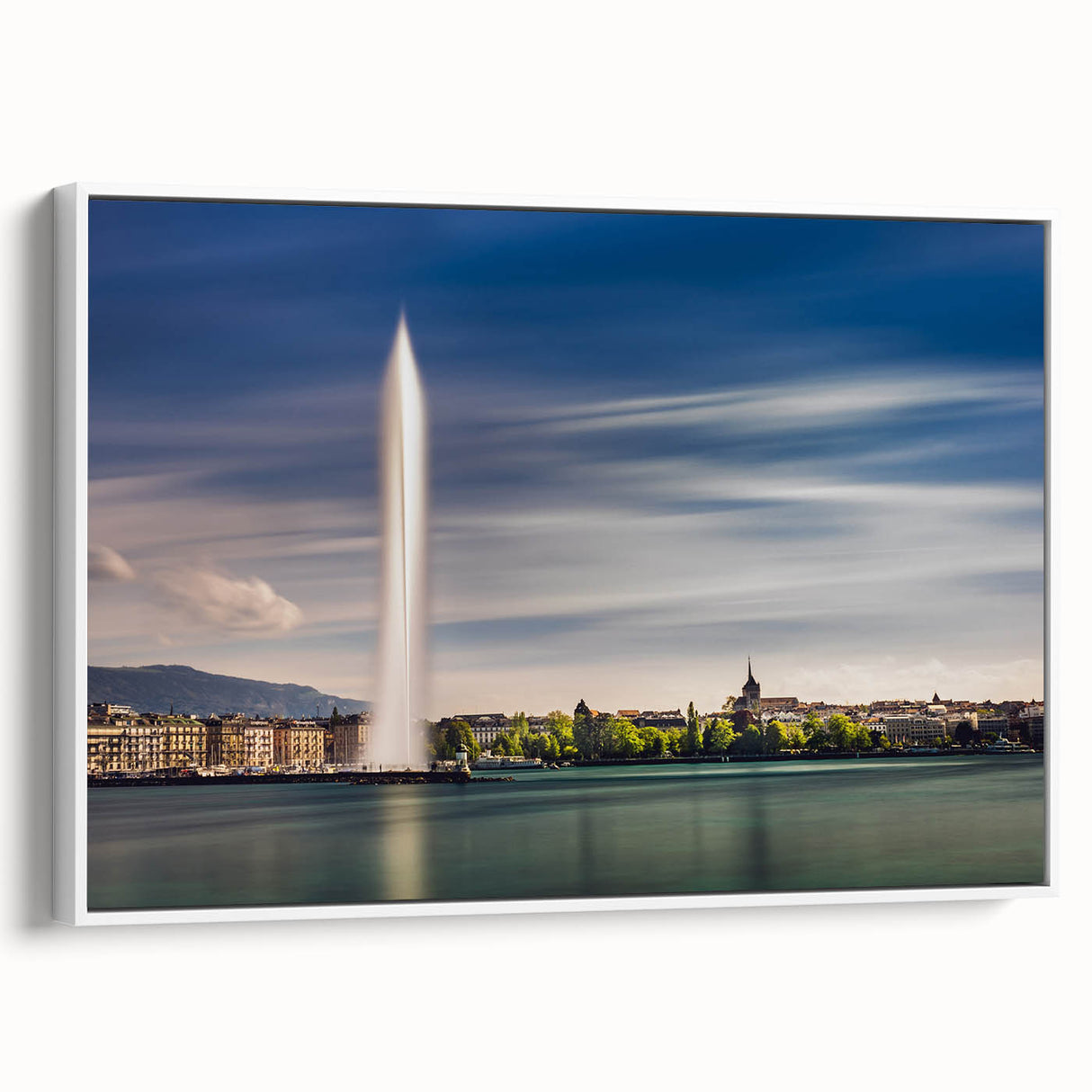 Vintage poster art of Geneva scenery in vibrant colors on a white-framed canvas, ideal for living room decor.