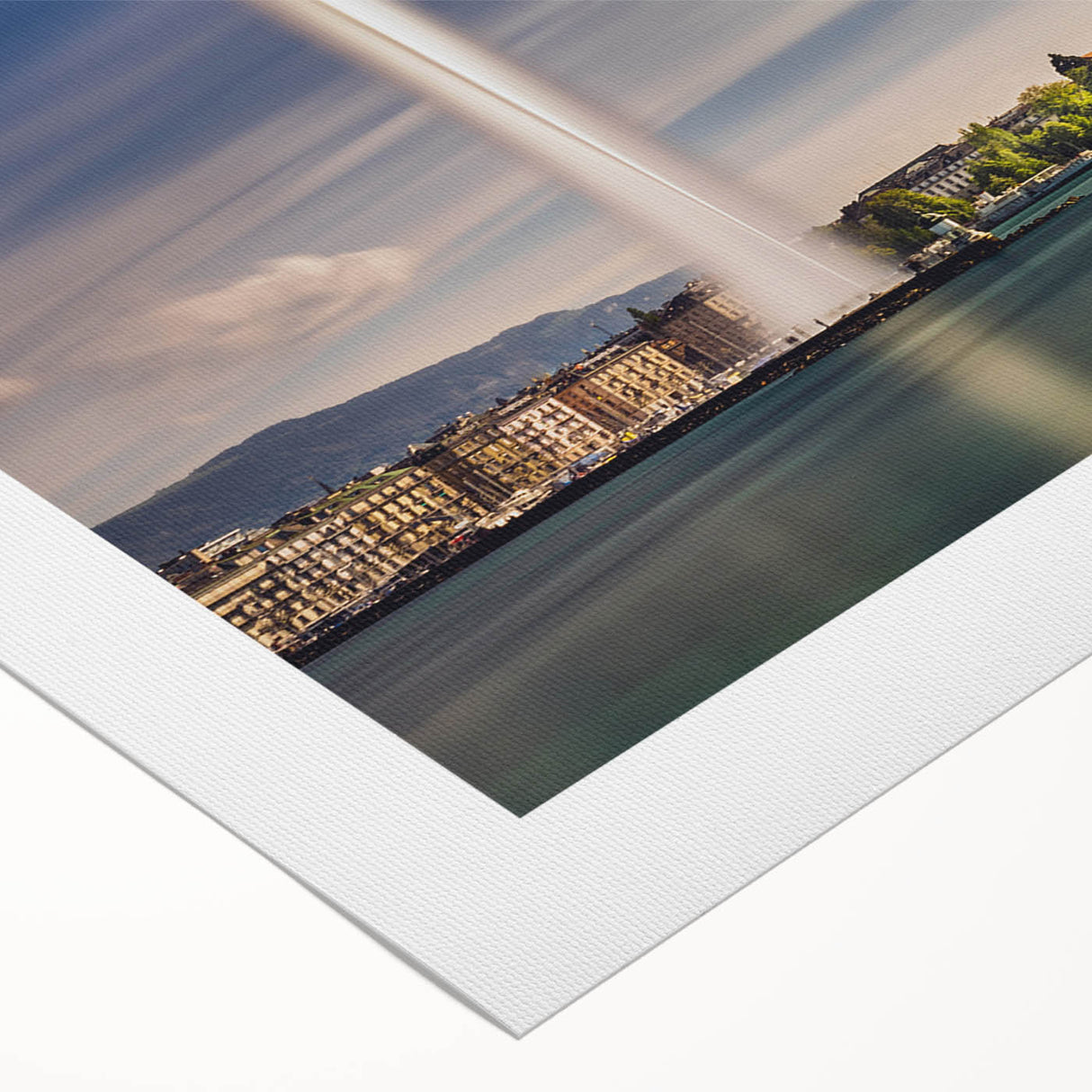 Art deco poster of Geneva scenery in muted blues and grays on rolled canvas, suitable for dining room wall art.