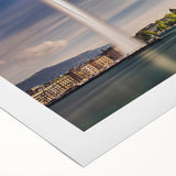 Art deco poster of Geneva scenery in muted blues and grays on rolled canvas, suitable for dining room wall art.