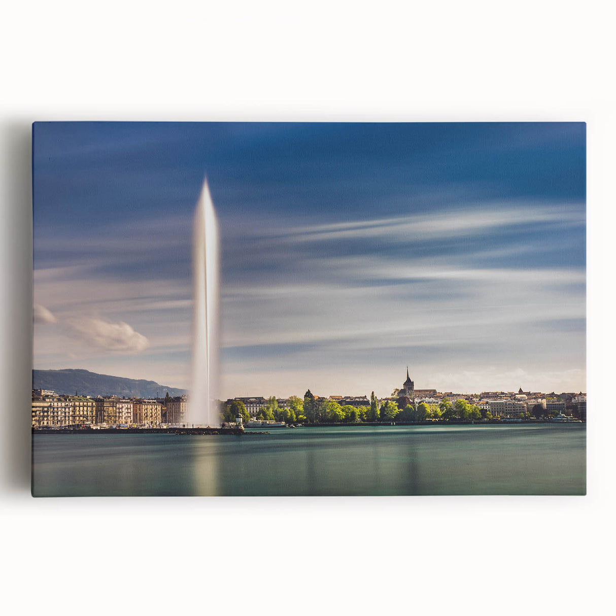 Black and white photograph of Geneva skyline on stretched canvas, ideal for kitchen wall art.