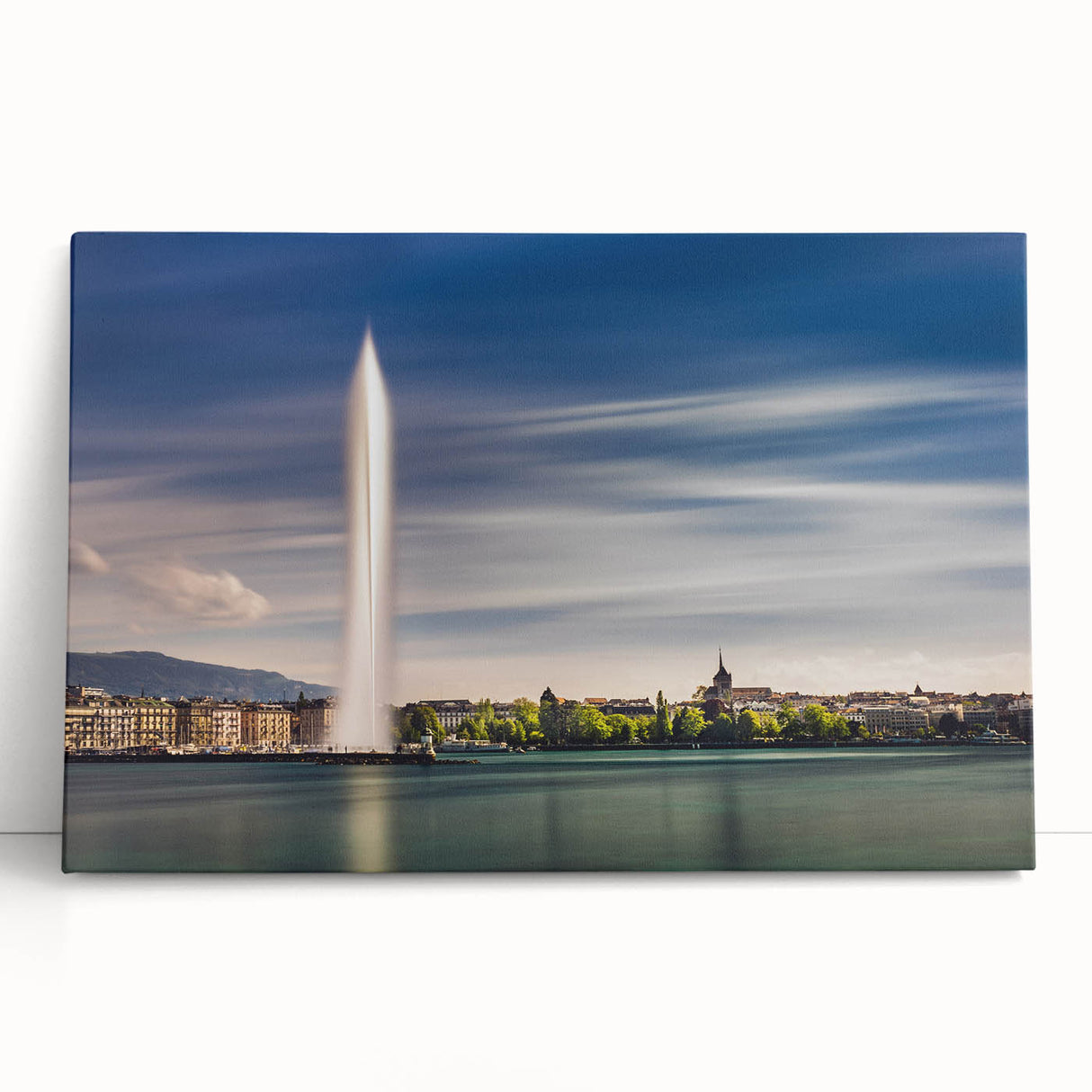 Black and white photograph of Geneva scenery on stretched canvas, ideal for kitchen wall art or bedroom.