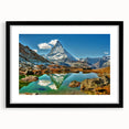 Extra large abstract art print of a vibrant, textured Swiss landscape on a black framed canvas, ideal for living room decor.