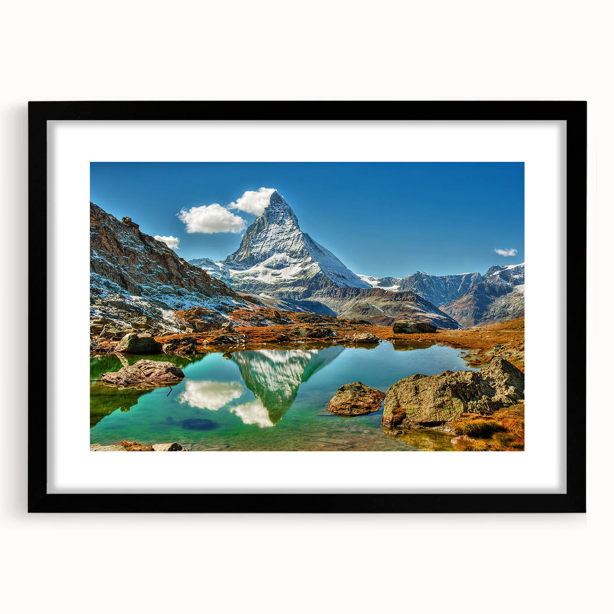 Extra large abstract art print of a vibrant, textured Swiss landscape on a black framed canvas, ideal for living room decor.