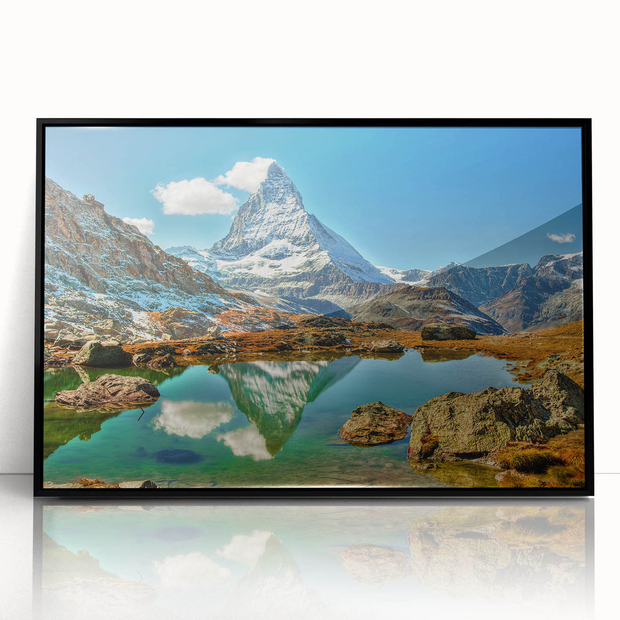 Large abstract wall art depicting a Swiss landscape in muted earth tones on a framed acrylic.