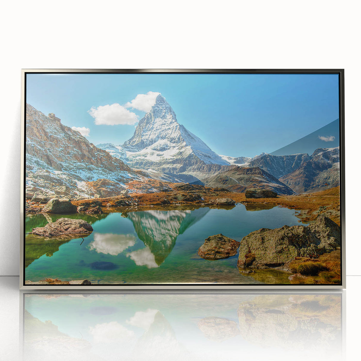 Mid-century modernist art depicting a serene Swiss landscape in muted earth tones on a framed acrylic print.