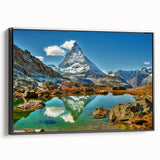 Black and white framed canvas of a vintage Swiss landscape, ideal for bedroom wall art.