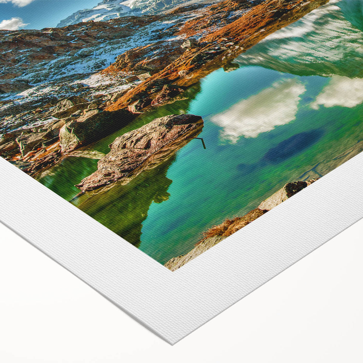 Art deco poster of a Swiss landscape in muted green and blue tones on rolled canvas, suitable for dining room decor.