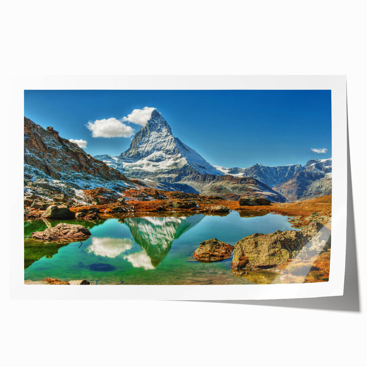 Scenic Switzerland landscape on rolled canvas, featuring muted green and blue tones, ideal for dining room wall art.