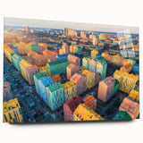 Large abstract wall art of a European scenery in muted earth tones on acrylic glass, ideal for bedroom or dining room decor.