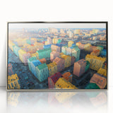 Mid-century modernist art depicting a serene European landscape in muted green and blue tones on a framed acrylic print.