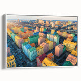Vintage poster art of a scenic European landscape on a framed canvas, featuring vibrant colors, ideal for living room decor.