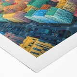 Art deco poster depicting a serene European landscape in muted green and blue tones on rolled canvas.