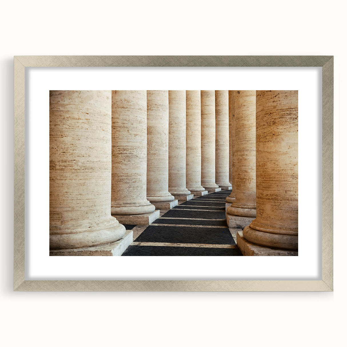 Textured art print of an abstract European scenery in muted gray and blue tones, framed in silver, ideal for bedroom art.
