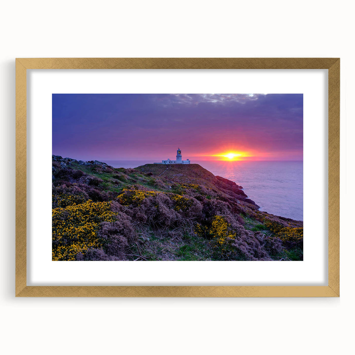 Abstract art print of a European Welsh scenery in muted earth tones, framed in gold, ideal for living room decor.