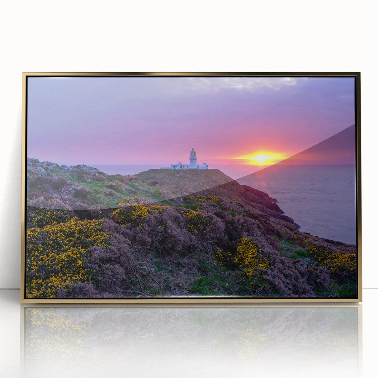 Large art print of a serene Welsh landscape, framed in gold acrylic, in mid-century modernist style.