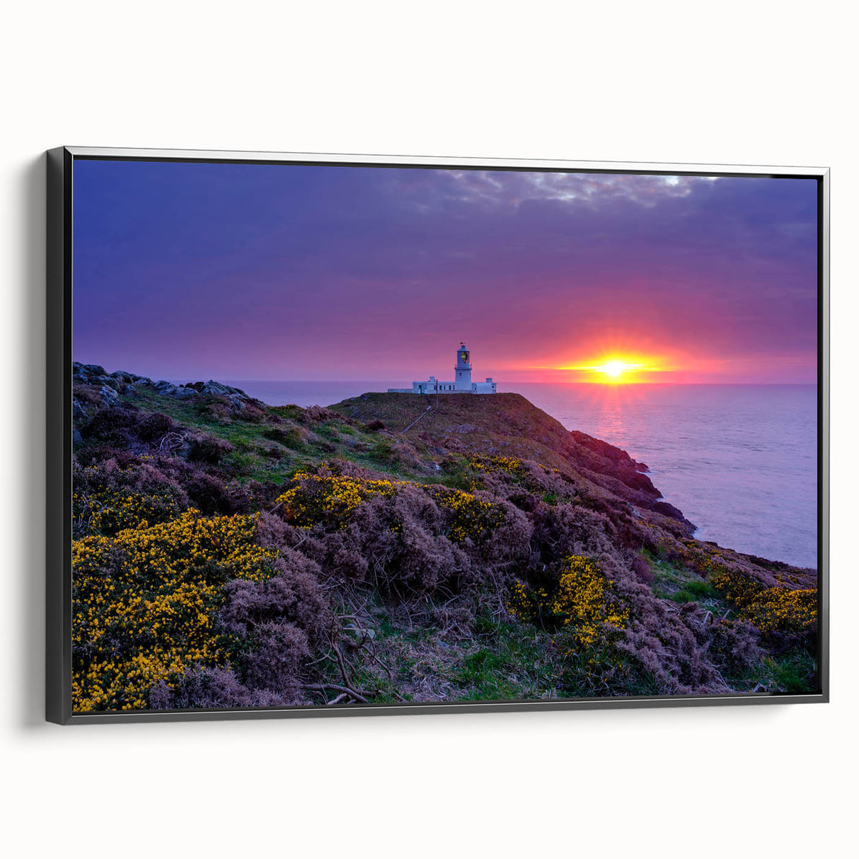 Black and white landscape art painting of a Welsh scenery on a framed canvas, suitable for bedroom decor.