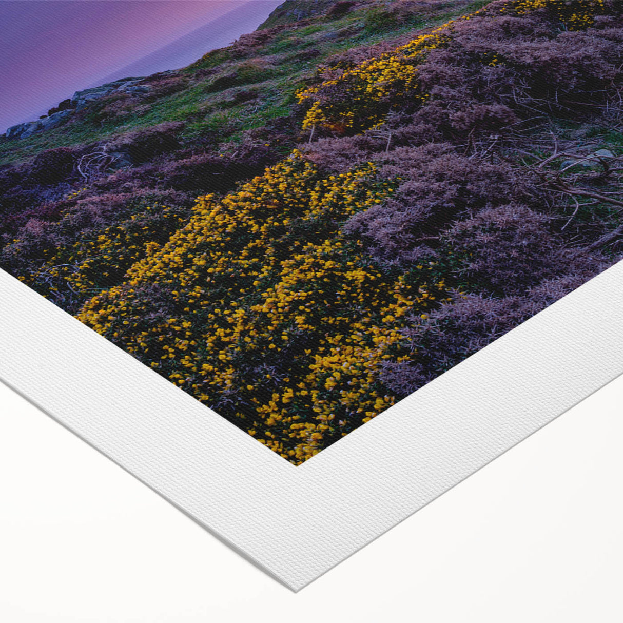 Art deco poster of a scenic Wales landscape in muted green and blue tones on rolled canvas.