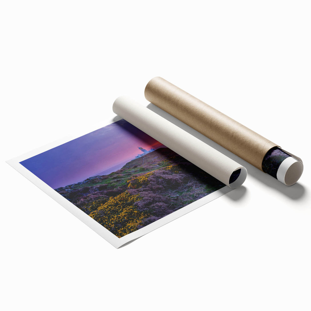 Extra large rolled print featuring a serene Welsh landscape with lush greenery and floral elements.