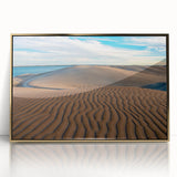 Large art print of Baja California scenery in mid-century modernist style, with muted earth tones on framed acrylic.