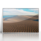 Art deco poster of Baja California scenery in muted earth tones on white framed acrylic, ideal for modern nursery wall decor.