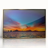 Framed acrylic print of Cabo San Lucas scenery with gold tones, ideal for modern art wall decor.