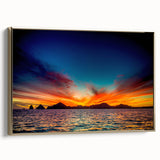 Framed canvas of a vintage-style landscape painting depicting Cabo San Lucas with muted gold and black tones.