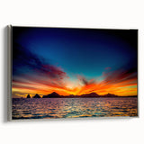 Framed canvas of a vintage-style landscape painting depicting Cabo San Lucas in vibrant colors.