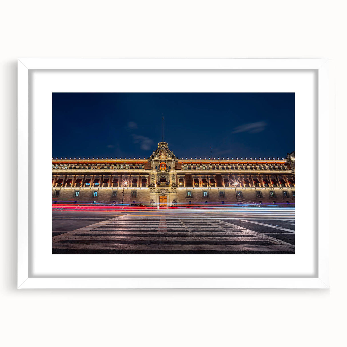 Abstract art print of Mexico City in muted gray and blue tones on a framed white mat, ideal for dining room decor.