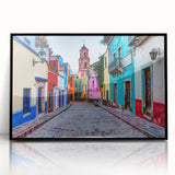 Large abstract wall art depicting Guanajuato, Mexico in vibrant colors on a black framed acrylic.