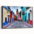 Black and white framed canvas of Guanajuato landscape, vintage poster style, ideal for bedroom decor.