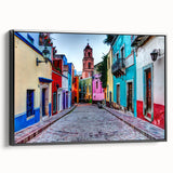 Black and white framed canvas of Guanajuato landscape, vintage poster style, ideal for bedroom decor.