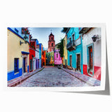 Rolled print of Guanajuato, Mexico scenery with vibrant floral motifs on a large format, ideal for dining room wall art.