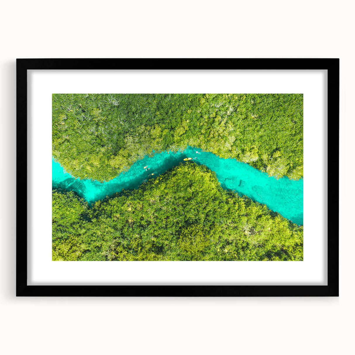 Abstract art print featuring textured, colorful art of Quintana Roo scenery in a large black frame.