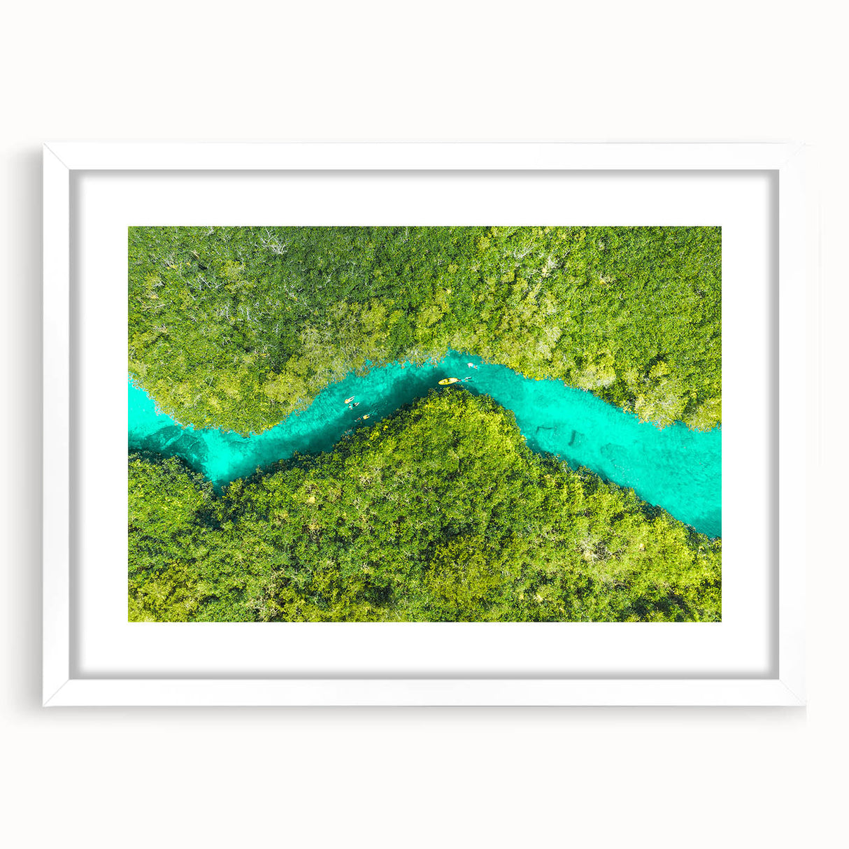 Abstract art print of Quintana Roo scenery in muted blue and green tones on a framed white mat.