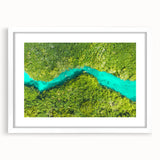 Abstract art print of Quintana Roo scenery in muted blue and green tones on a framed white mat.
