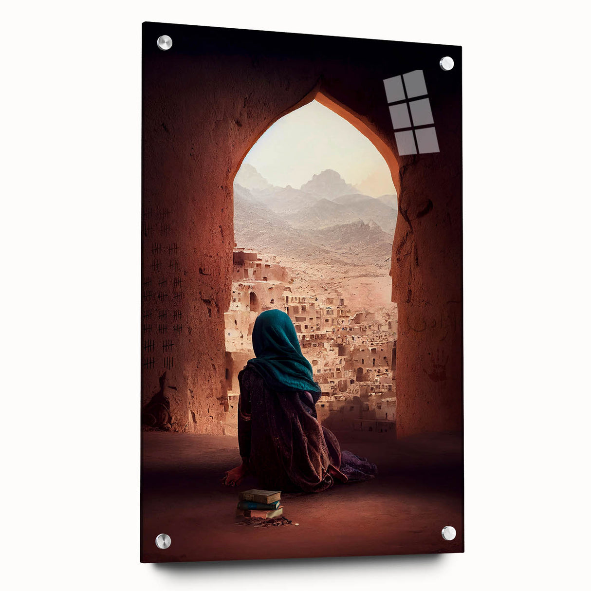 Large abstract wall art depicting Middle Eastern scenery in muted earth tones on acrylic glass.