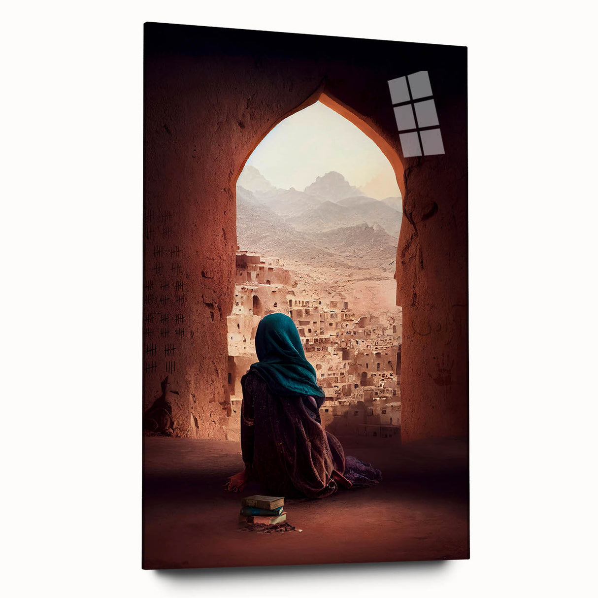 Large abstract wall art depicting a Middle Eastern scenery in muted earth tones on acrylic glass.