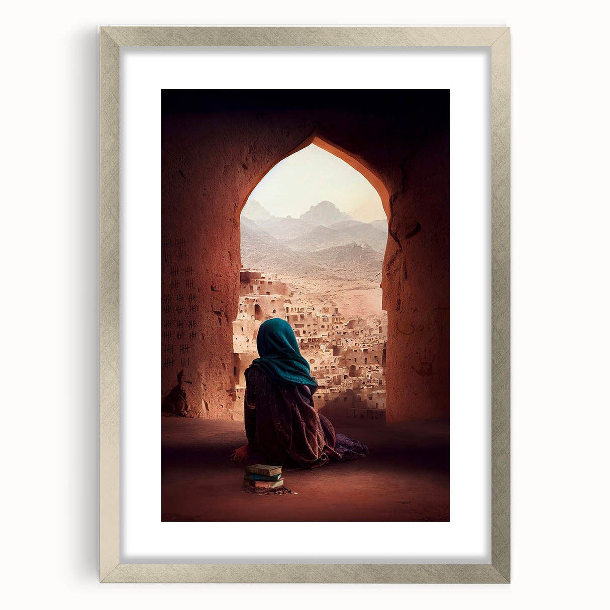 Textured abstract art print of a Middle Eastern landscape in muted earth tones on a framed canvas, ideal for bedroom art.