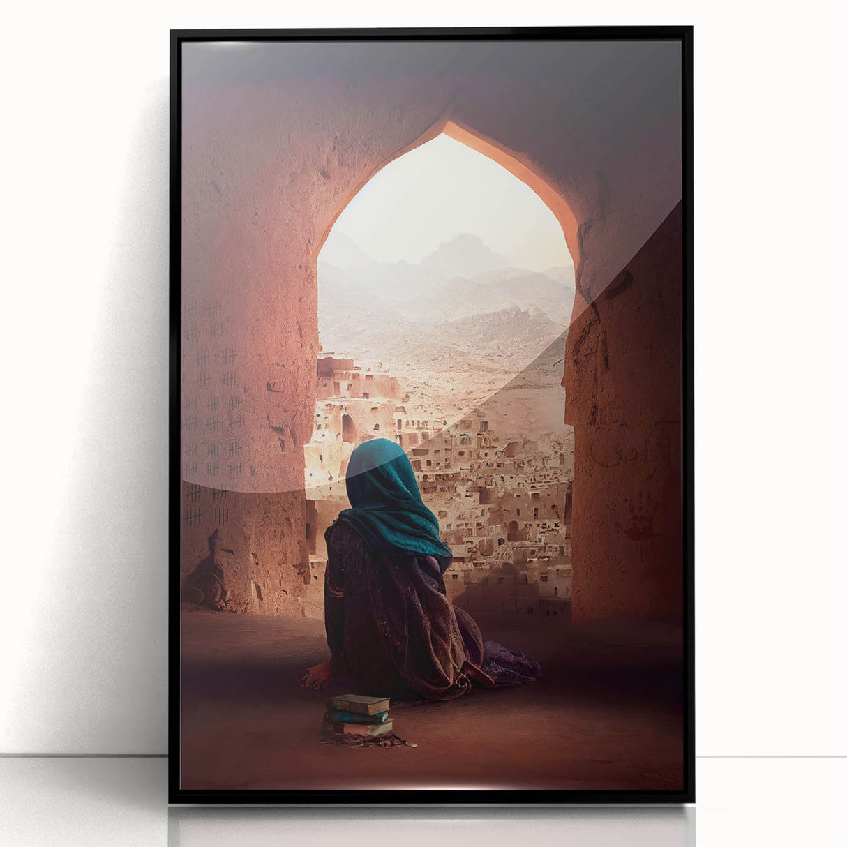Large abstract wall art depicting a stylized Middle Eastern scenery in muted earth tones, framed in black acrylic.