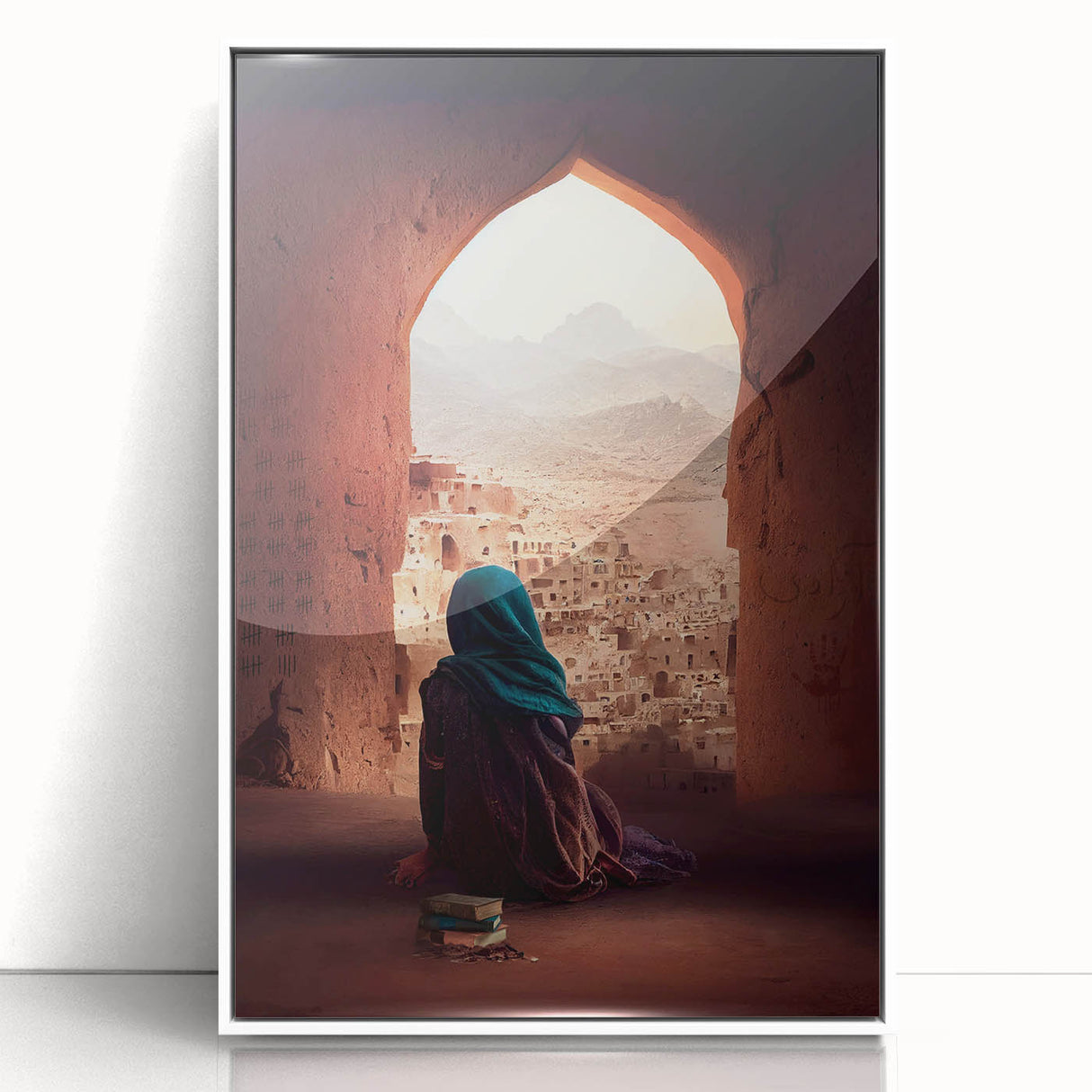 Art deco poster featuring a minimalist Middle Eastern landscape in muted earth tones, framed acrylic.