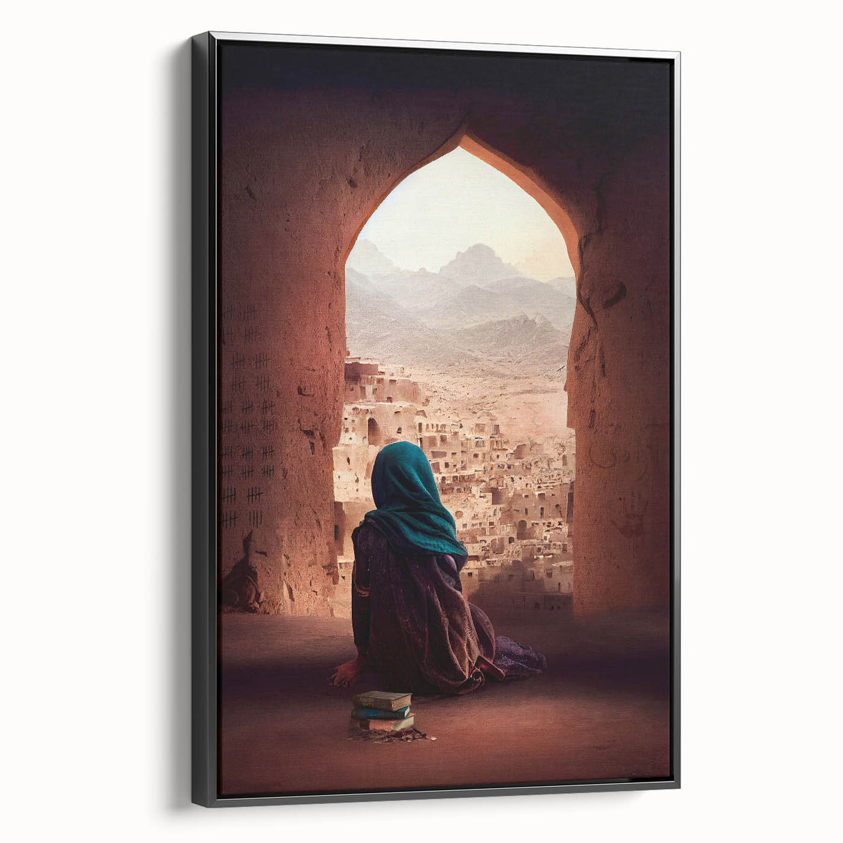 Black and white vintage poster art of an Afghan landscape on framed canvas, suitable for bedroom wall decor.