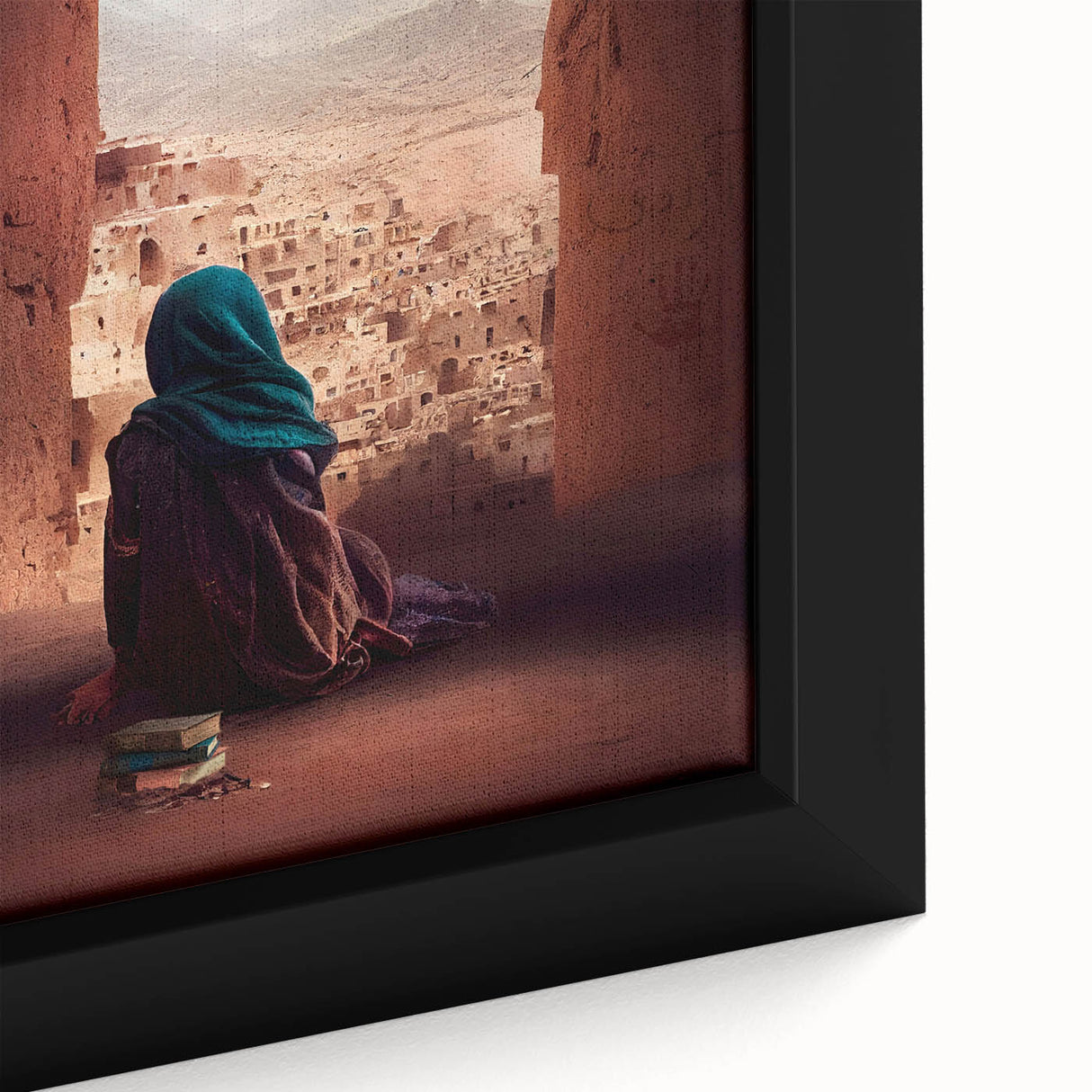 Black wall art featuring a textured depiction of a Middle Eastern landscape in vibrant colors on a framed canvas.