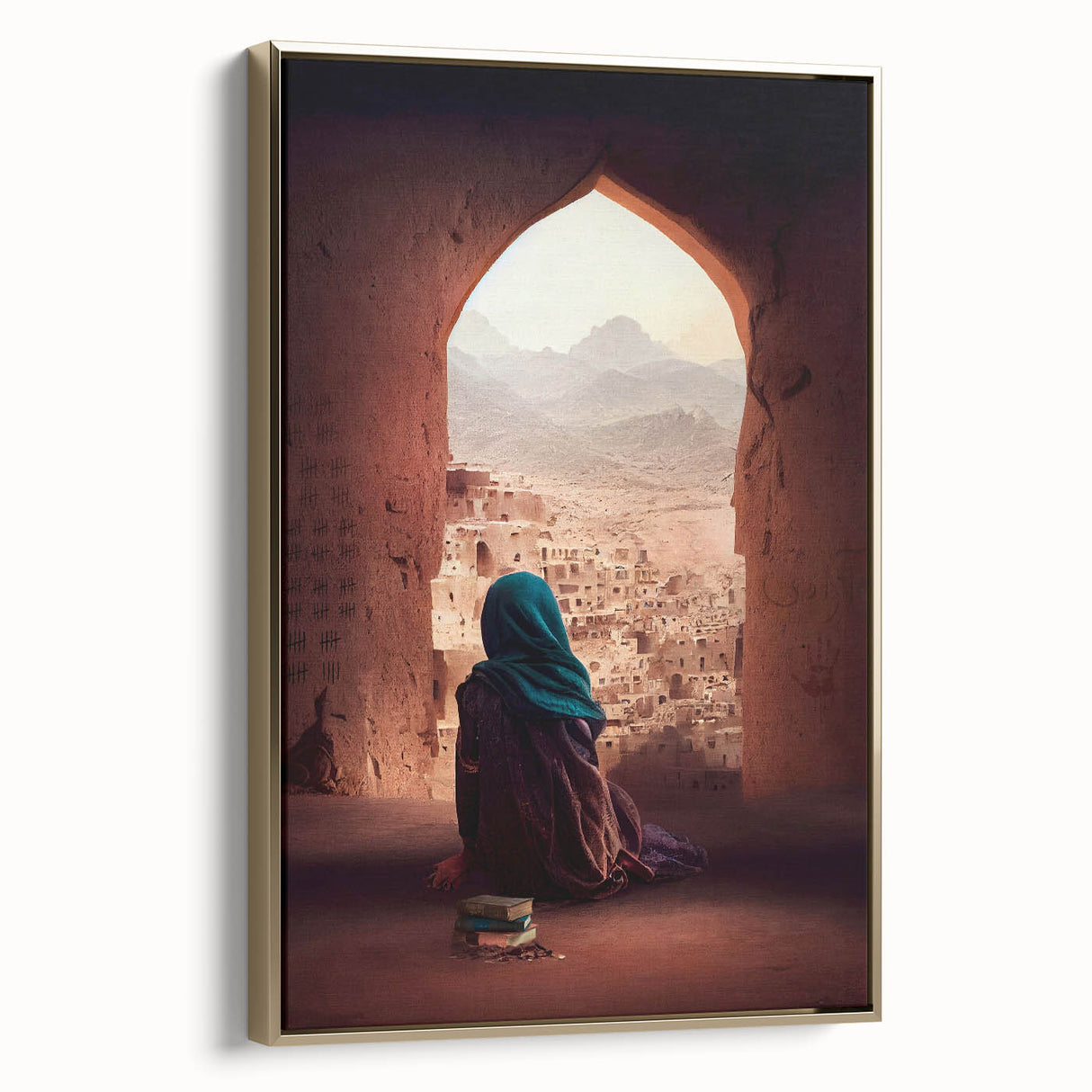 Framed canvas featuring a vintage-style landscape painting of an Afghan scenery in muted gold and black tones.