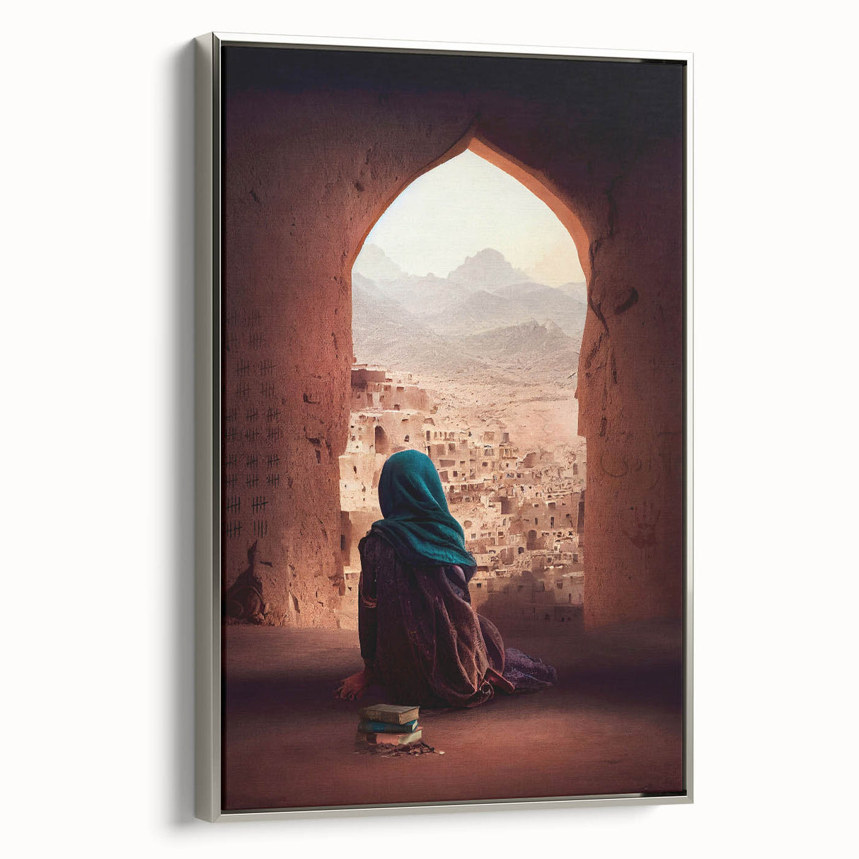 Framed canvas featuring a vintage-style landscape painting of a Middle Eastern scene in vibrant colors.