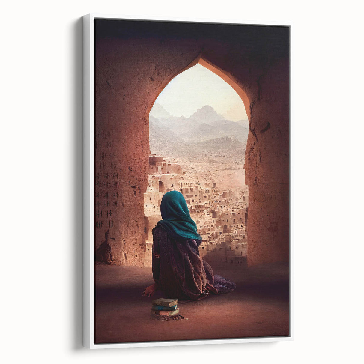 Vintage poster art depicting a vibrant Middle Eastern scenery on a framed canvas, ideal for living room decor.