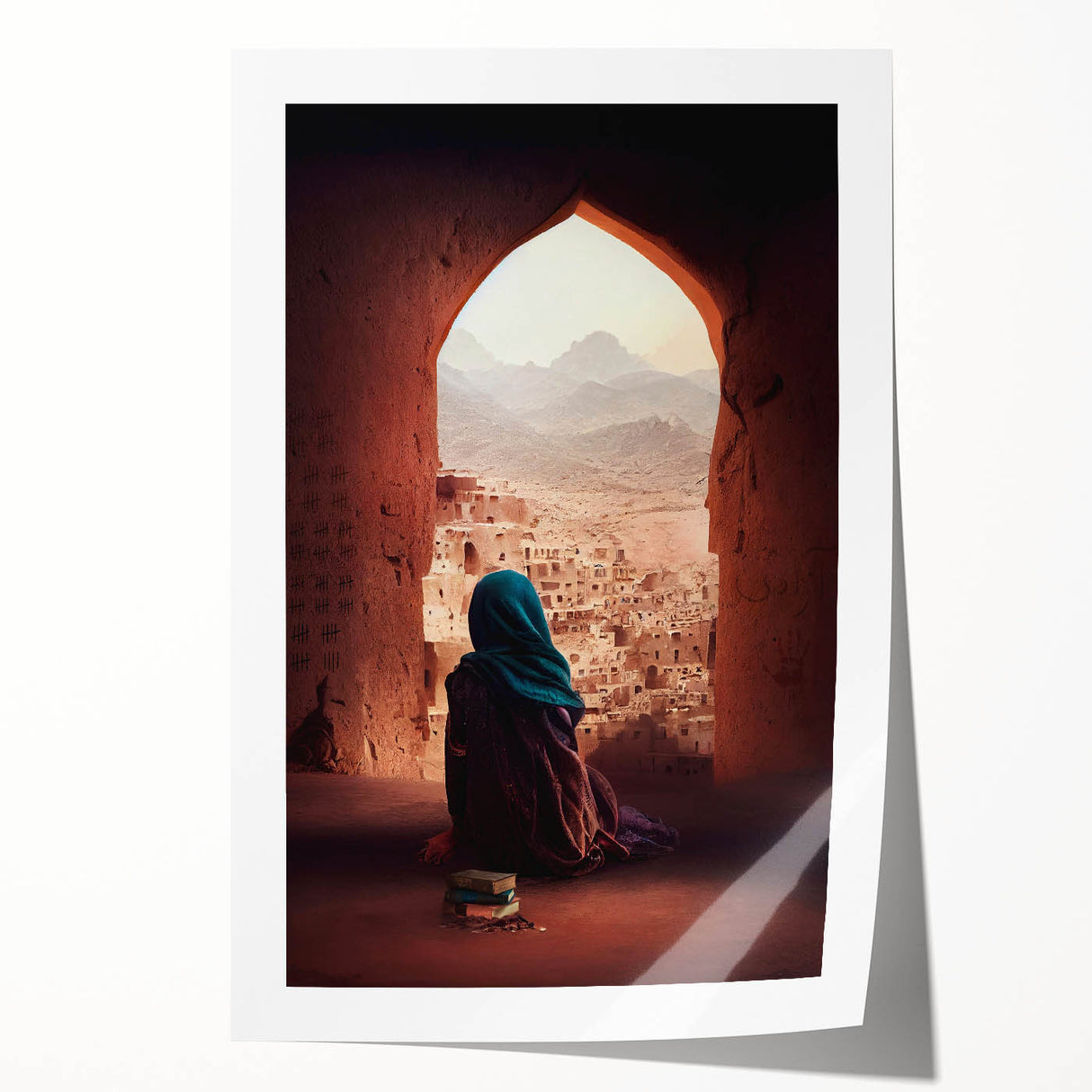 Rolled print of a Middle Eastern landscape with floral elements in earthy tones, suitable for dining room decor.